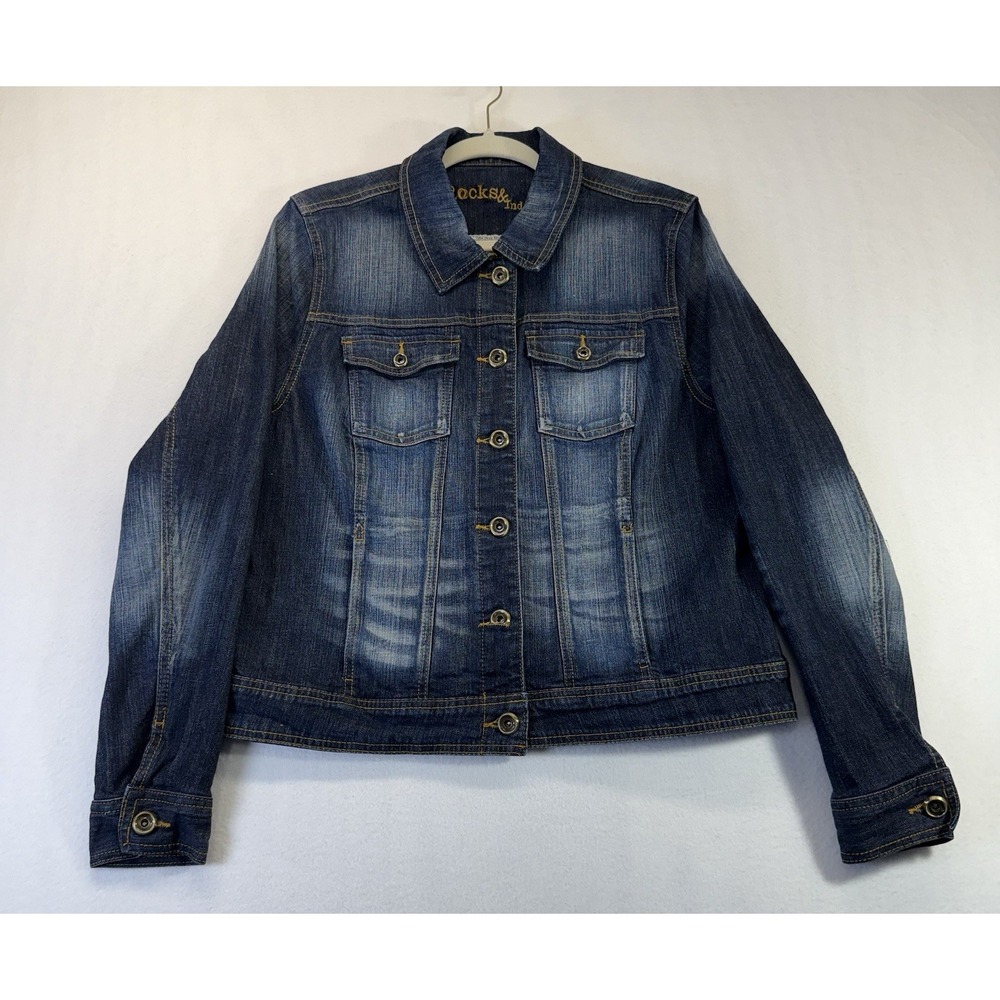 Rocks & Indigo Stretch Denim Jacket Large Dark Faded Western Women's Trucker